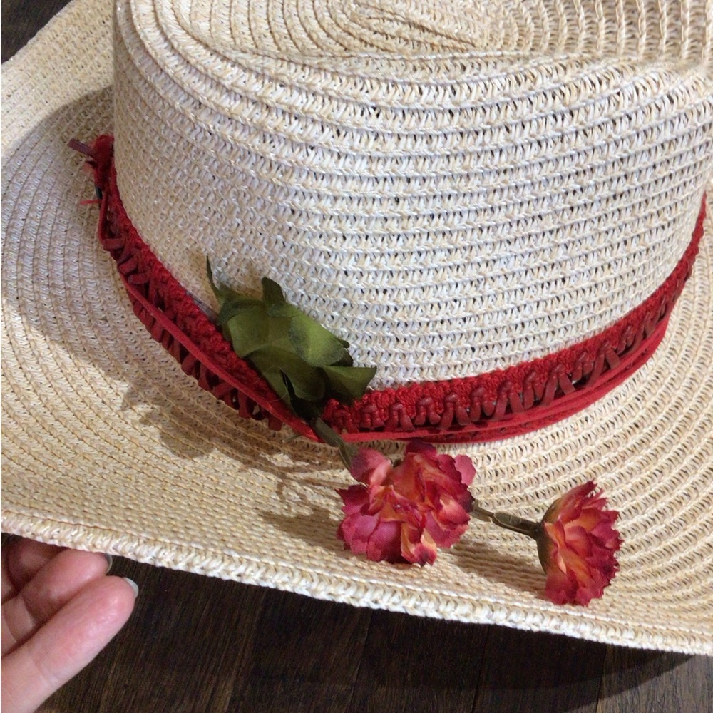 NEW! Upcycled Ruxpinsrags Desert Rose Straw Wide-Brim Sun Hat with Red Band - Picture 2 of 5